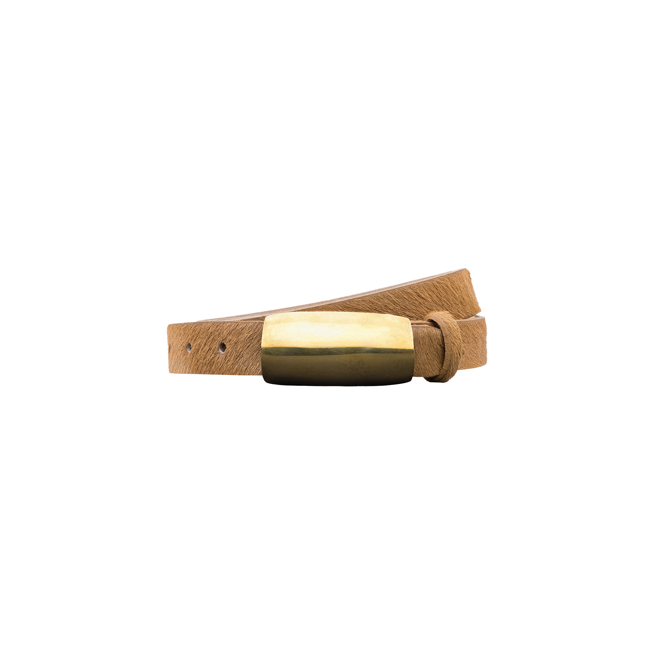 The Marlowe Belt, crafted from tan Italian leather and featuring a large rectangular shiny gold buckle, is neatly rolled up on a plain white background.