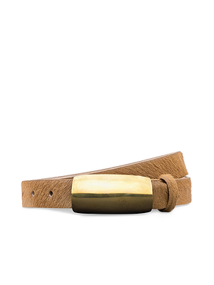 The Marlowe Belt features light brown, textured calf hair leather with a rectangular gold buckle and matching loop, shown on a white background.