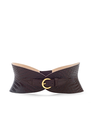 The Alexandra Croc-Embossed Corset Belt by L'AGENCE is a dark brown, wide leather belt with a flared shape and gold-plated buckle, handcrafted in LA and shown against a white background.