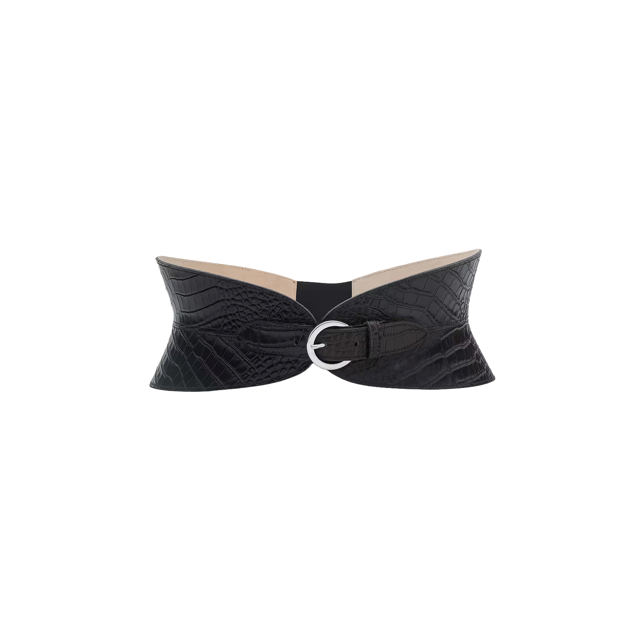 Alexandra Croc-Embossed Corset Belt in black with a crocodile-embossed silhouette and a silver-plated buckle.