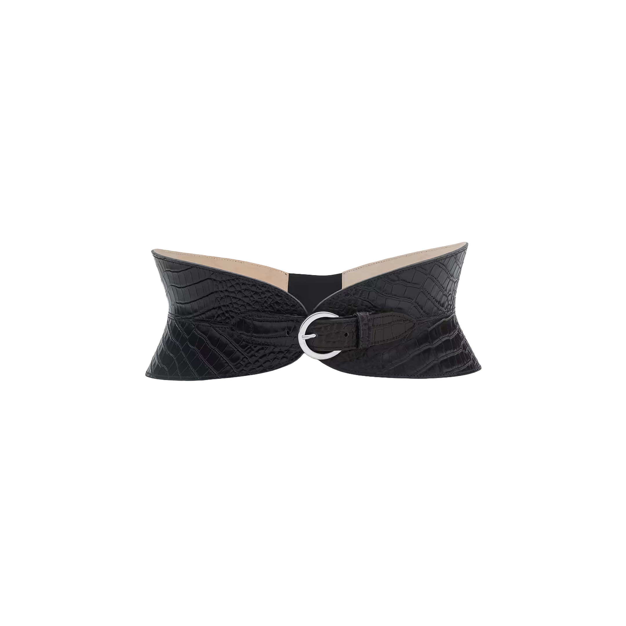Alexandra Croc-Embossed Corset Belt in black with a crocodile-embossed silhouette and a silver-plated buckle.