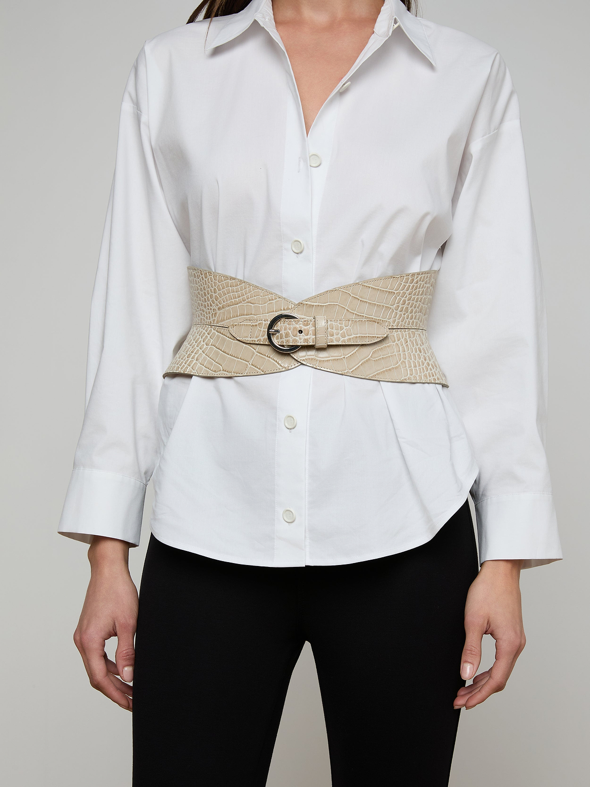 Alexandra Croc-Embossed Corset Belt in Ivory Croc Embossed | L'AGENCE