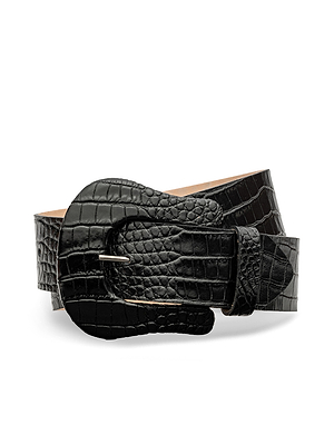 The Clemence Croc-Embossed Leather Belt by L'AGENCE is handcrafted in LA from premium Italian leather, featuring a textured crocodile pattern and an oval buckle, shown coiled on a white background.