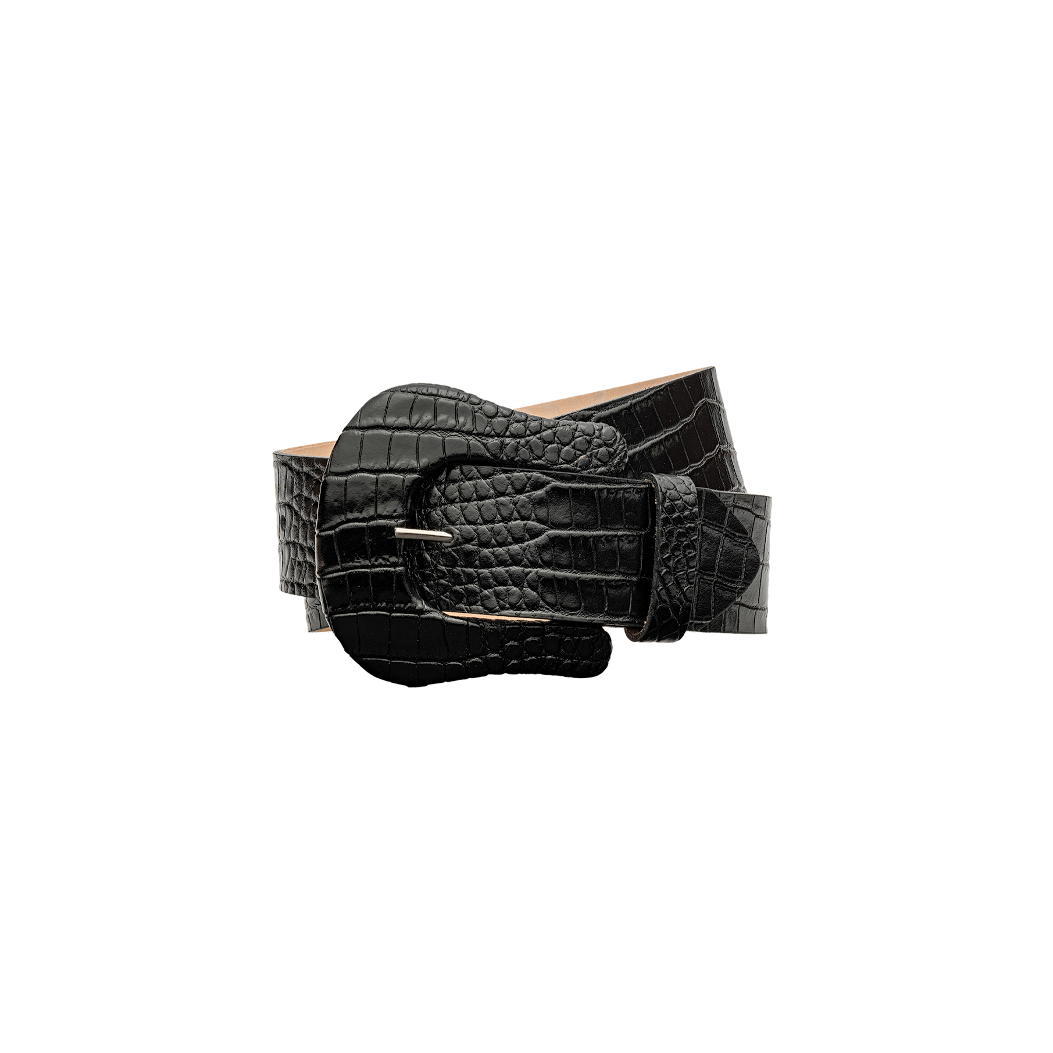 Clemence Croc-Embossed Leather Belt in black, crafted in LA with a wide, matching buckle.