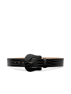 The Clemence Croc-Embossed Leather Belt by L'AGENCE features premium Italian leather and a matching curved buckle, handcrafted in LA and shown against a white background.