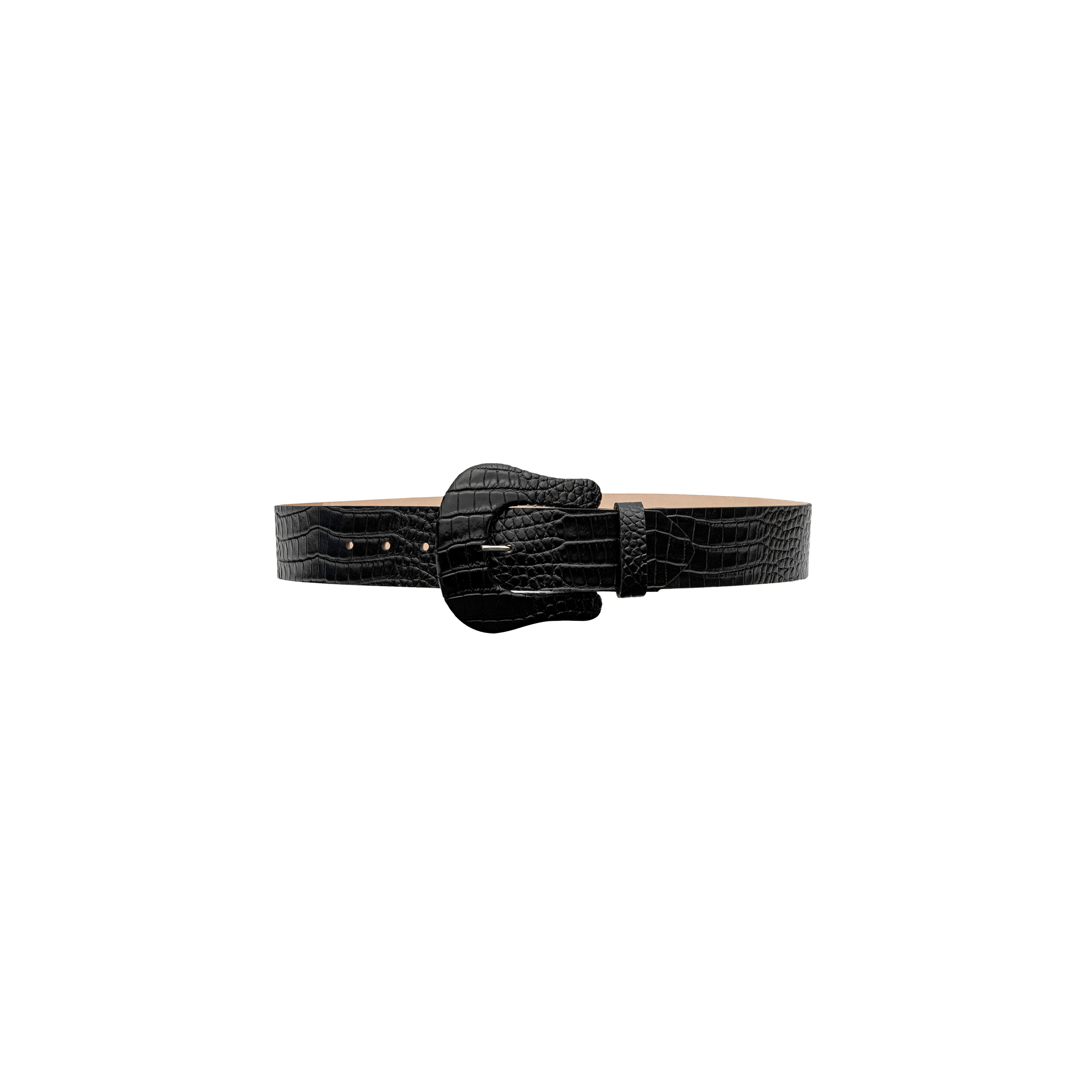 Clemence Croc-Embossed Leather Belt in black, featuring a wide, rounded buckle and handcrafted in LA.