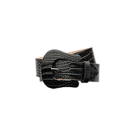 Clemence Croc-Embossed Leather Belt in black, featuring Italian leather and a wide, shaped buckle.
