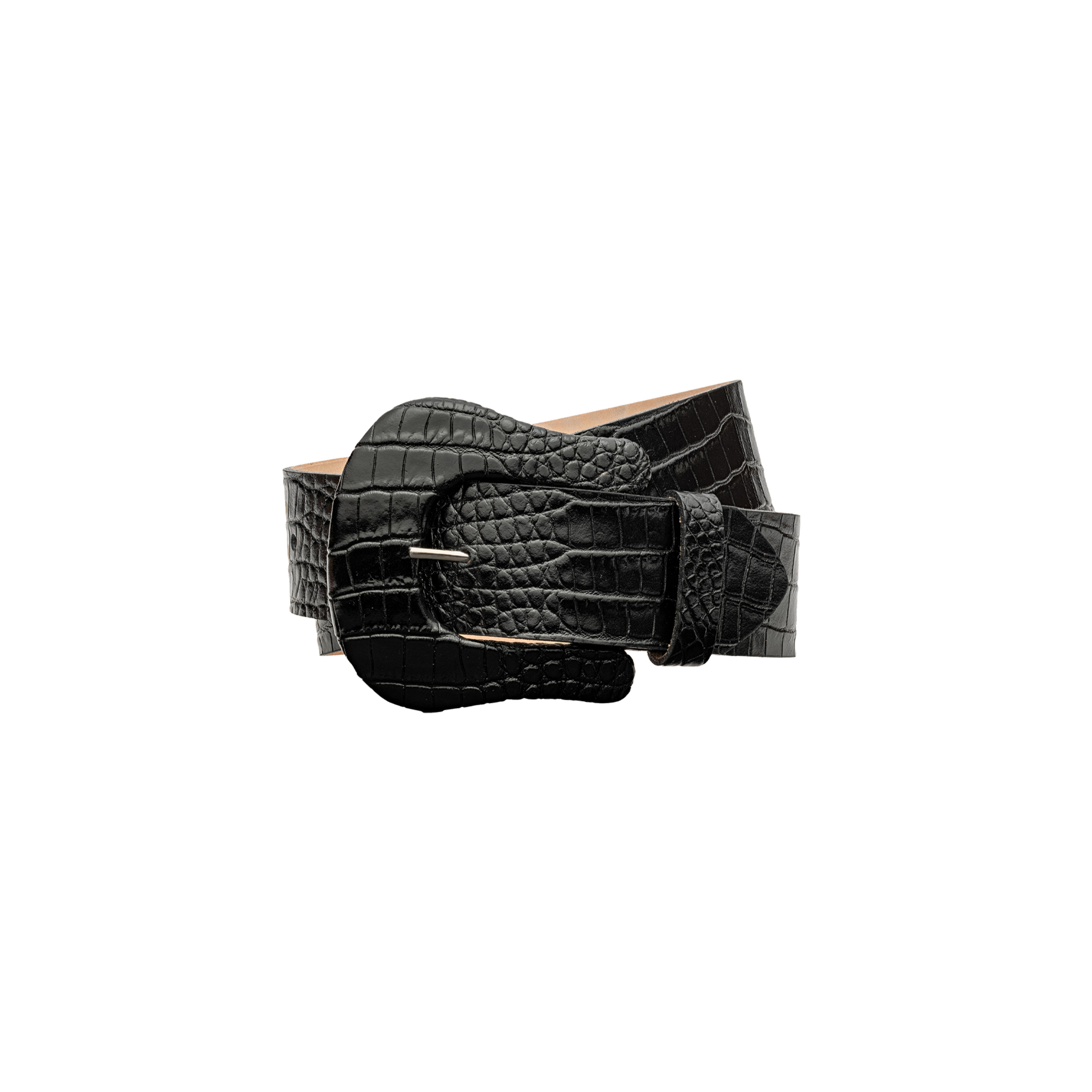Clemence Croc-Embossed Leather Belt in black, featuring Italian leather and a wide, shaped buckle.
