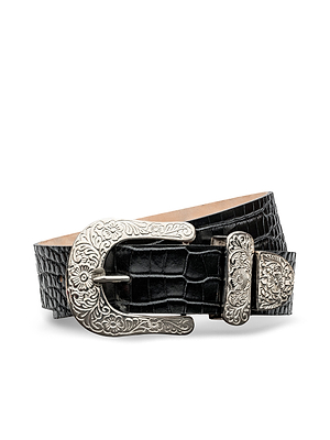 The Otera Leather Belt is handcrafted in black croc-embossed leather, featuring an ornate floral-engraved buckle, loop, and tip. The belt is shown coiled with its decorative buckle facing forward.