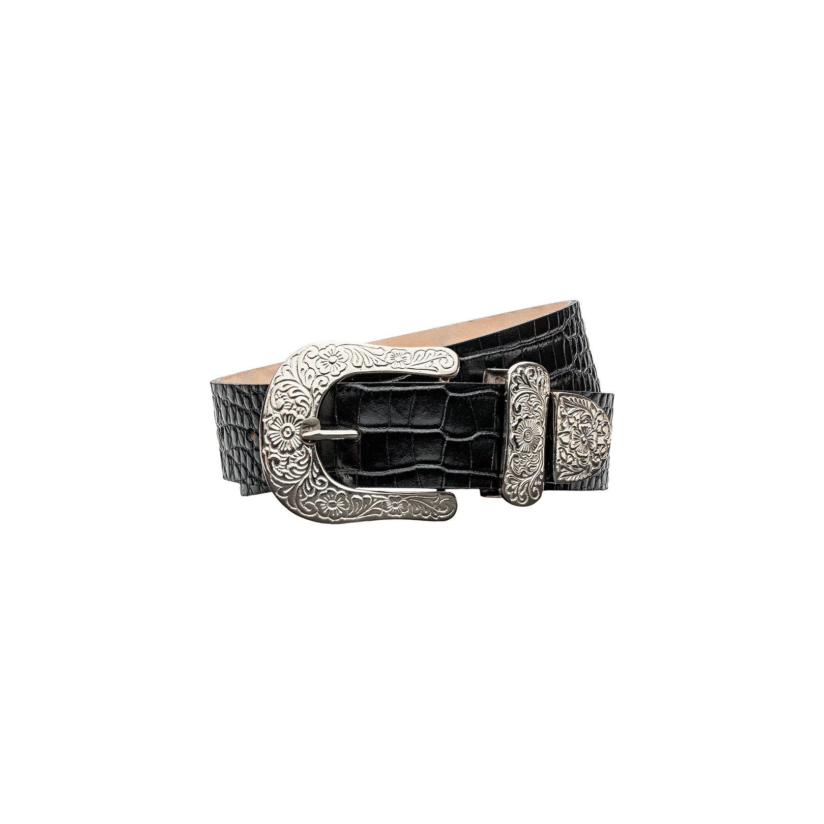 The Otera Leather Belt, featuring black croc-embossed leather and a floral-engraved silver buckle with a matching belt tip, is displayed against a plain white background.