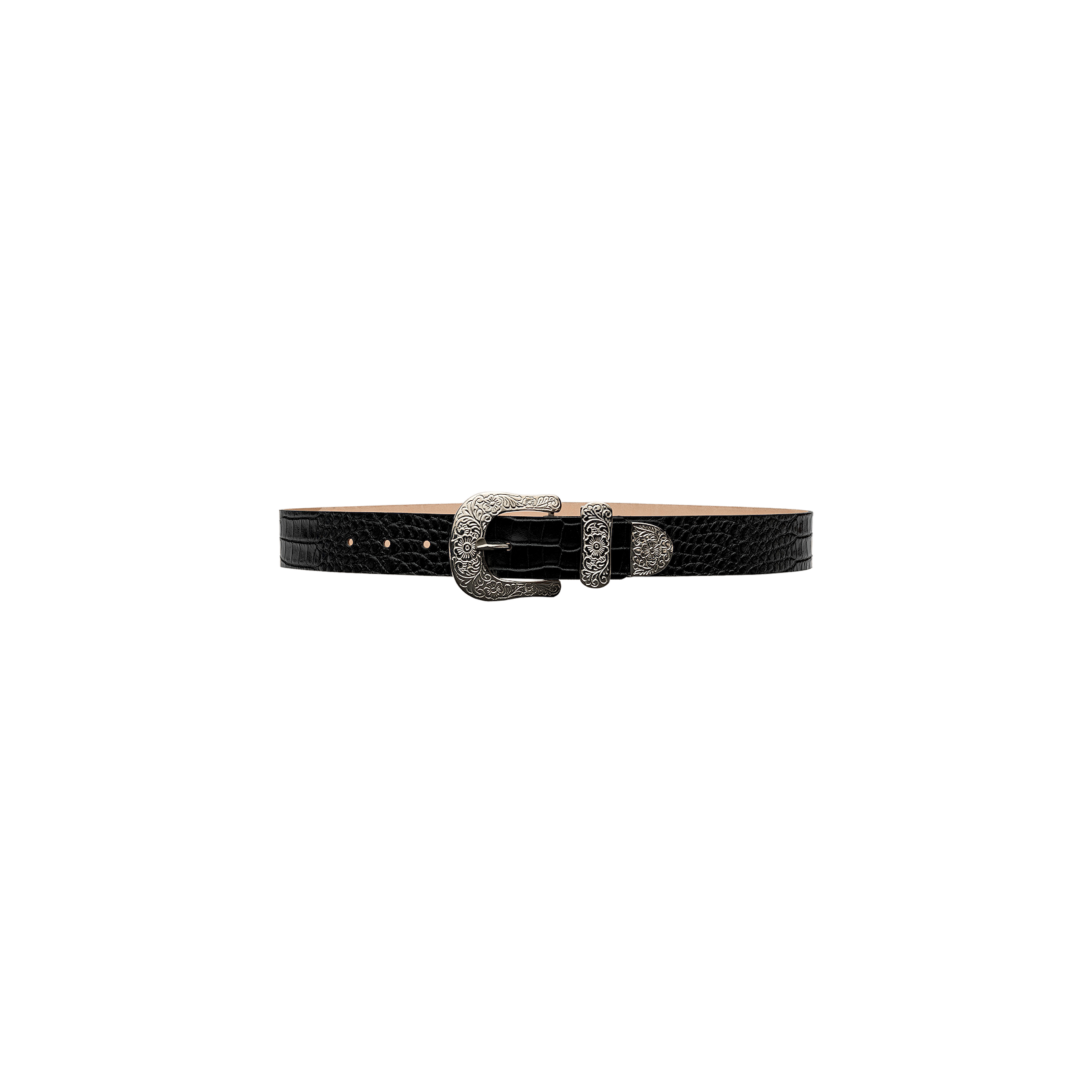 The Otera Leather Belt, handcrafted in LA from croc-embossed leather and finished with a floral-engraved silver buckle, is displayed on a plain white background.