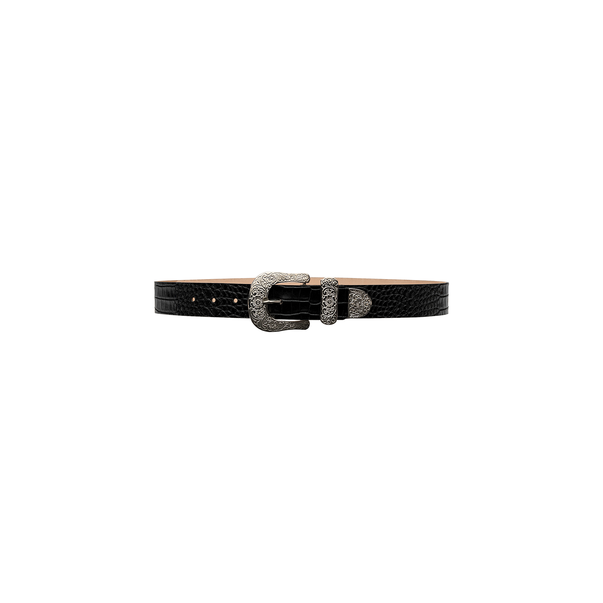 The Otera Leather Belt, handcrafted in LA from croc-embossed leather and finished with a floral-engraved silver buckle, is displayed on a plain white background.