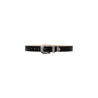 Introducing the Otera Leather Belt—a handcrafted accessory made from Italian-sourced leathers. This black belt showcases a croc-embossed texture and is finished with a striking silver buckle, beautifully displayed against a plain white background.