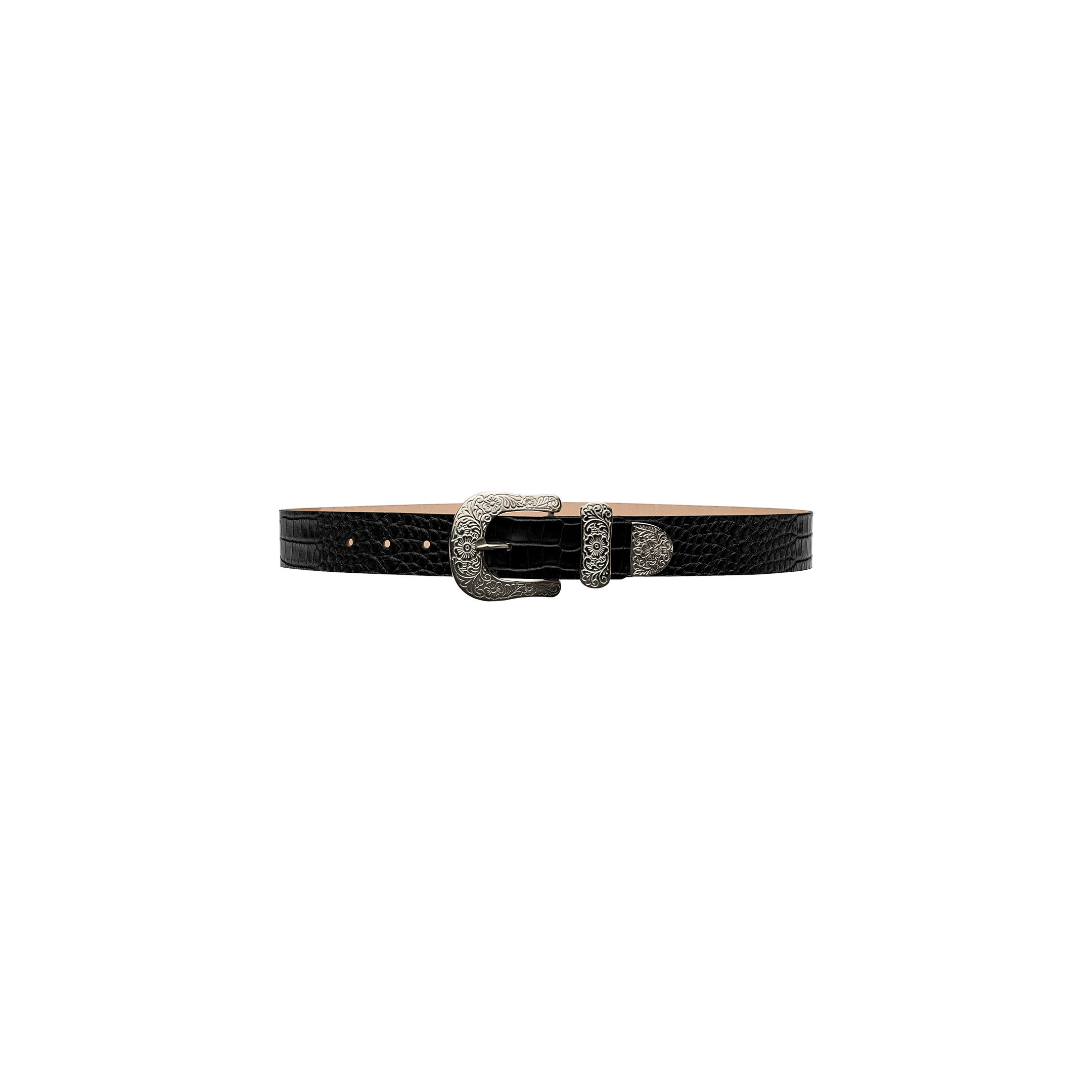 The Otera Leather Belt, handcrafted in LA from croc-embossed leather and finished with a floral-engraved silver buckle, is displayed on a plain white background.