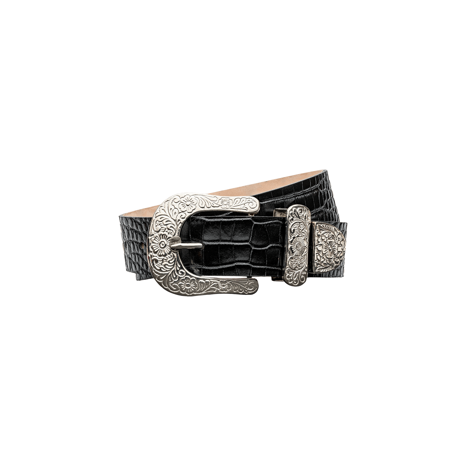 The Otera Leather Belt, crafted from black croc-embossed leather, features an ornate floral-engraved silver buckle with intricate patterns, as well as a coordinating metal belt loop and tip. It is displayed on a white background.