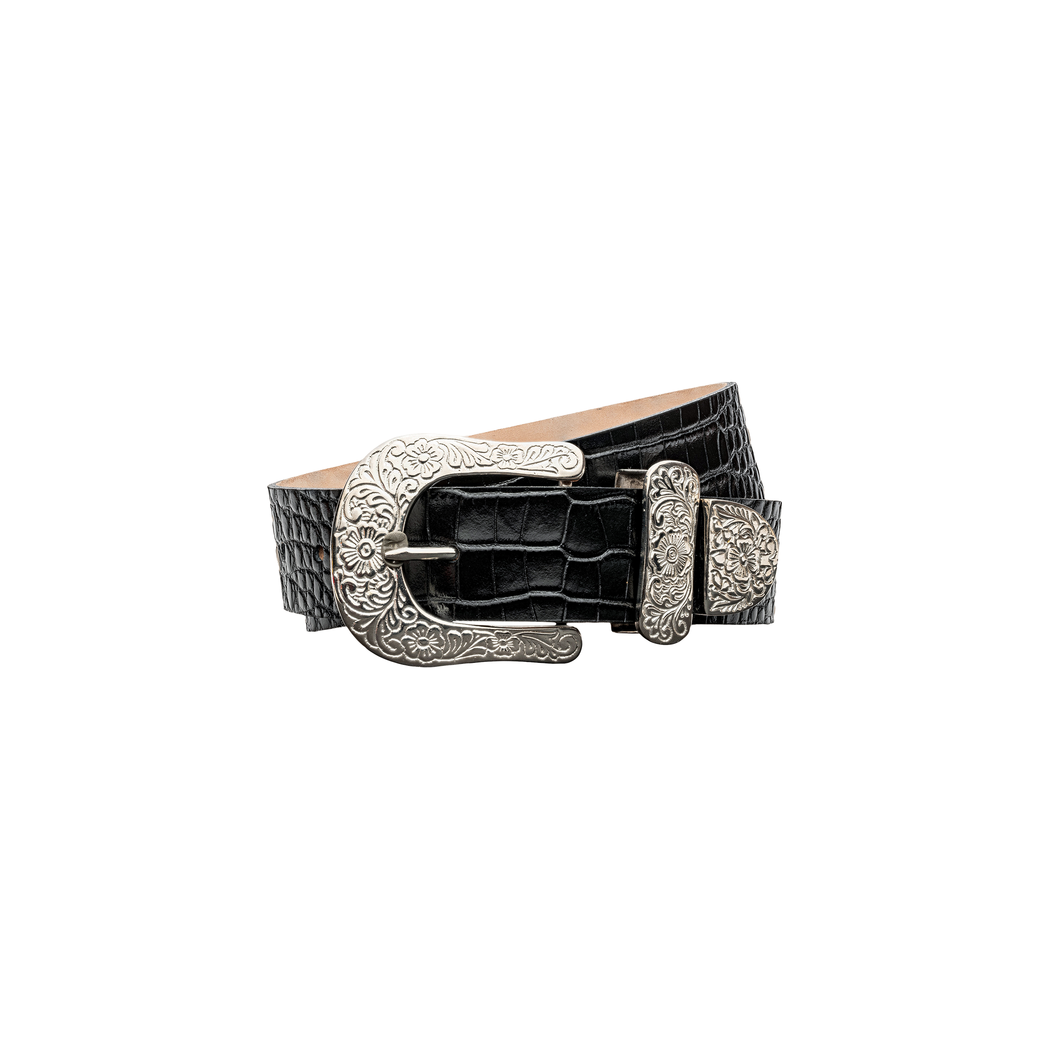 The Otera Leather Belt, crafted from black croc-embossed leather, features an ornate floral-engraved silver buckle with intricate patterns, as well as a coordinating metal belt loop and tip. It is displayed on a white background.