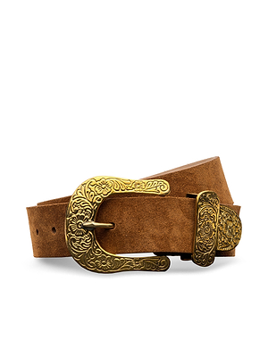 The Otera Suede Belt is a brown western-style belt featuring an ornate gold buckle and matching loop, both with intricate floral engravings, shown against a white background.
