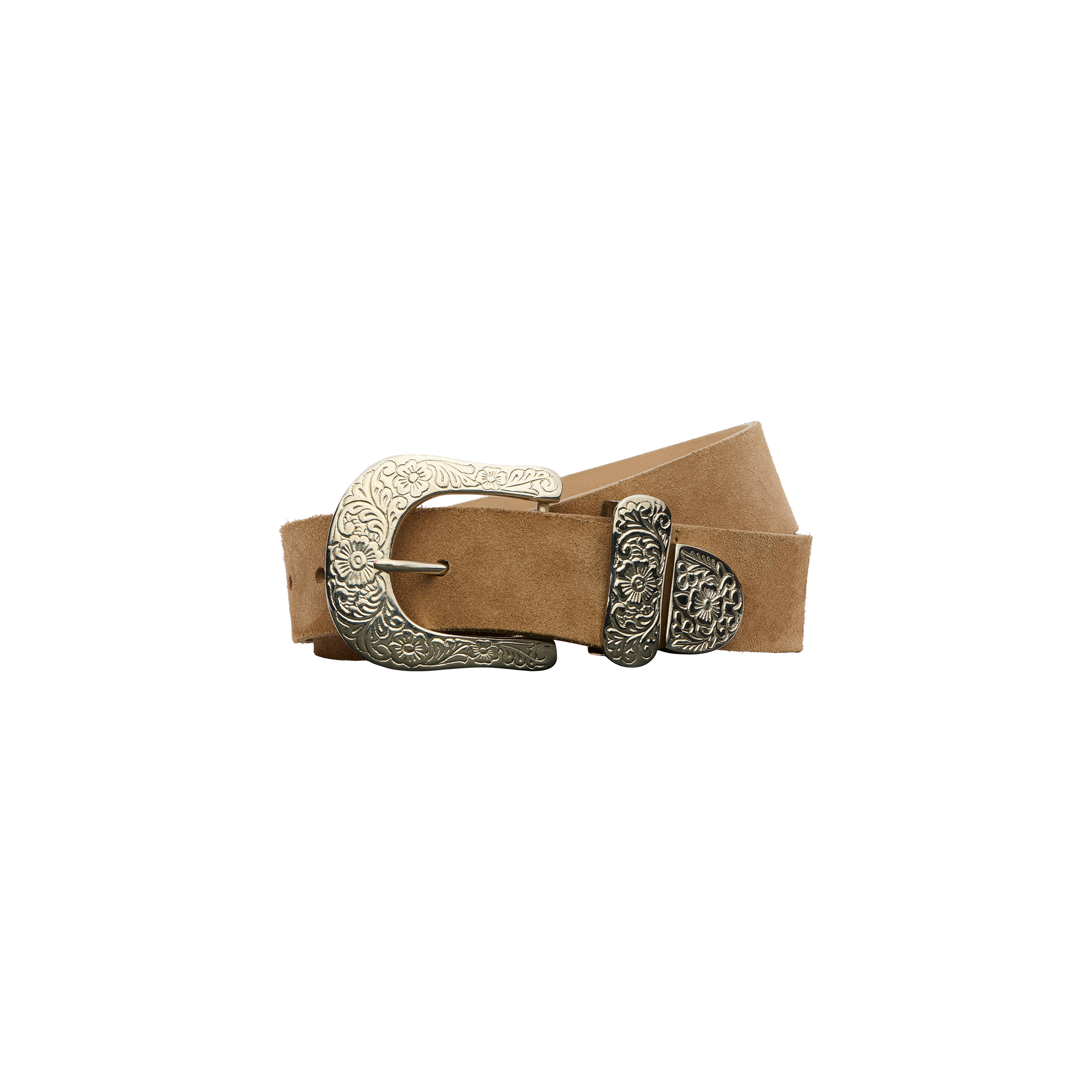 Otera Suede Belt in tan, featuring an ornate silver buckle with a matching loop and tip, handcrafted in LA and displayed against a plain white background.