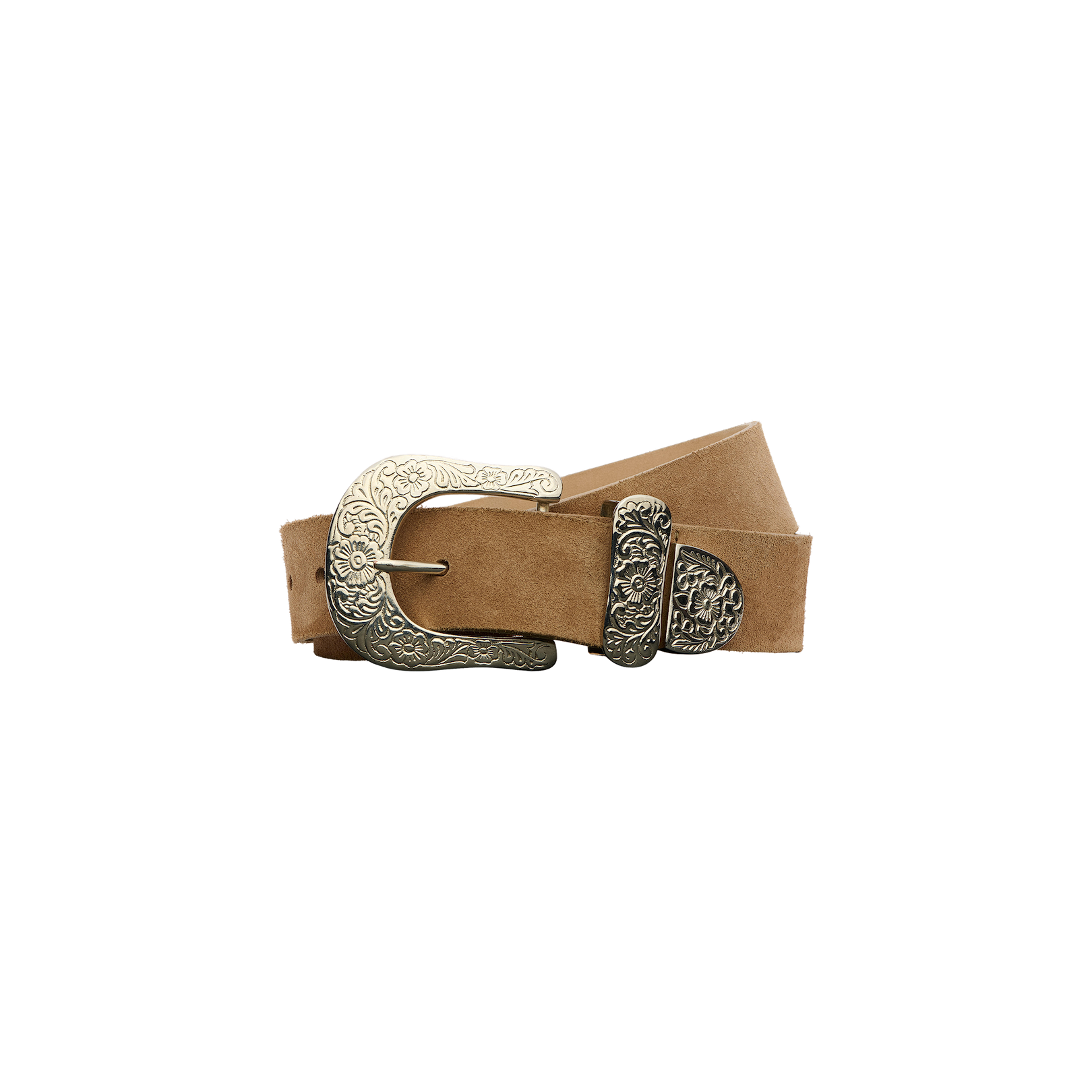 The Otera Suede Belt is a tan western-style accessory, featuring an ornate silver-toned buckle with decorative tip and loop, all handcrafted in LA and showcased against a plain white background.