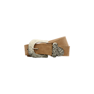 The Otera Suede Belt is a tan western-style accessory, featuring an ornate silver-toned buckle with decorative tip and loop, all handcrafted in LA and showcased against a plain white background.