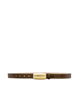The Marlowe Leather Belt showcases a slim, lizard-embossed brown leather design with a shiny gold oval buckle, presented on a white background.