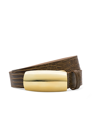 The Marlowe Leather Belt features brown lizard-embossed leather and a large, smooth brass buckle, shown coiled on a white background.