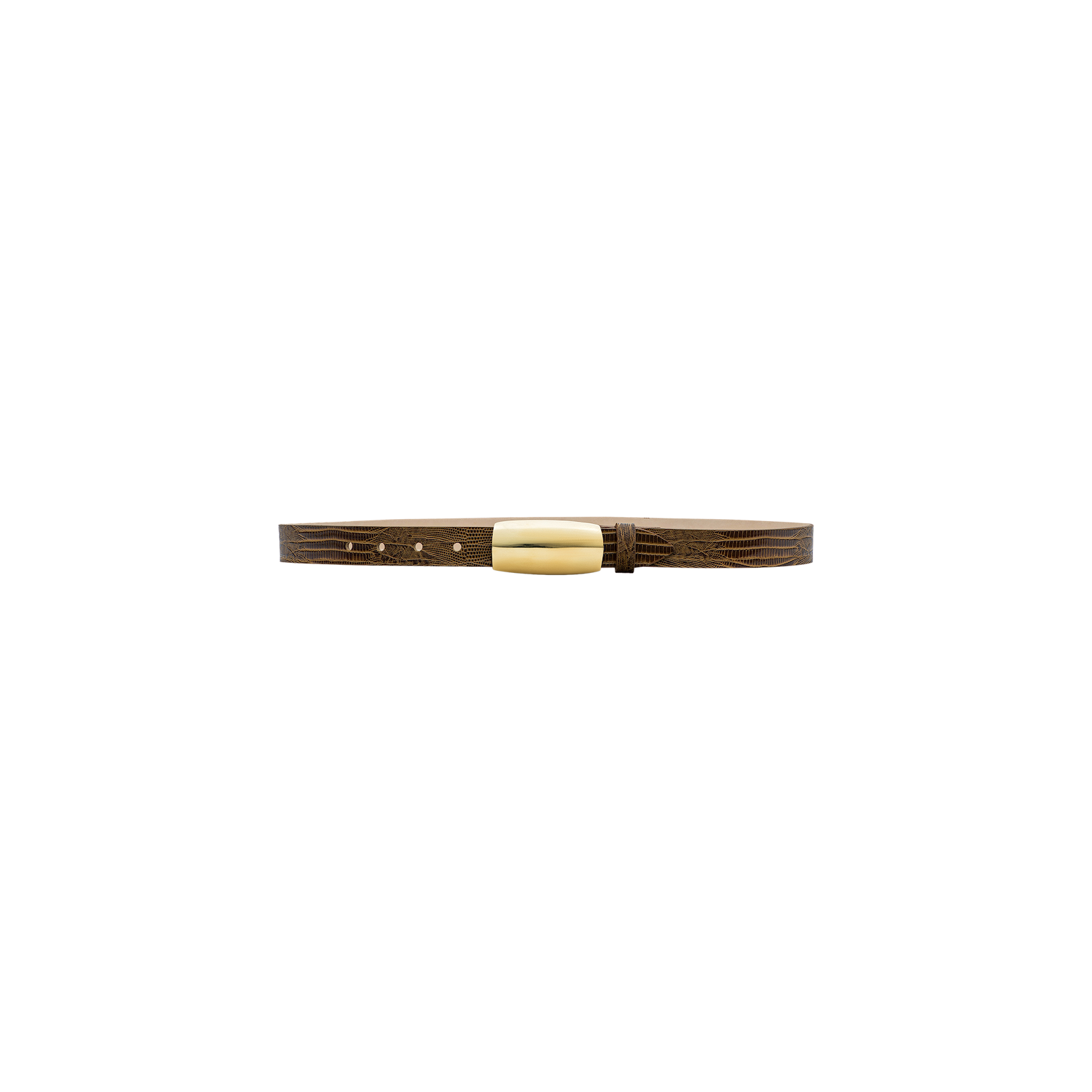 The Marlowe Leather Belt, handcrafted in LA from cognac lizard-embossed leather and featuring a brass rectangular buckle, is displayed on a plain white background.