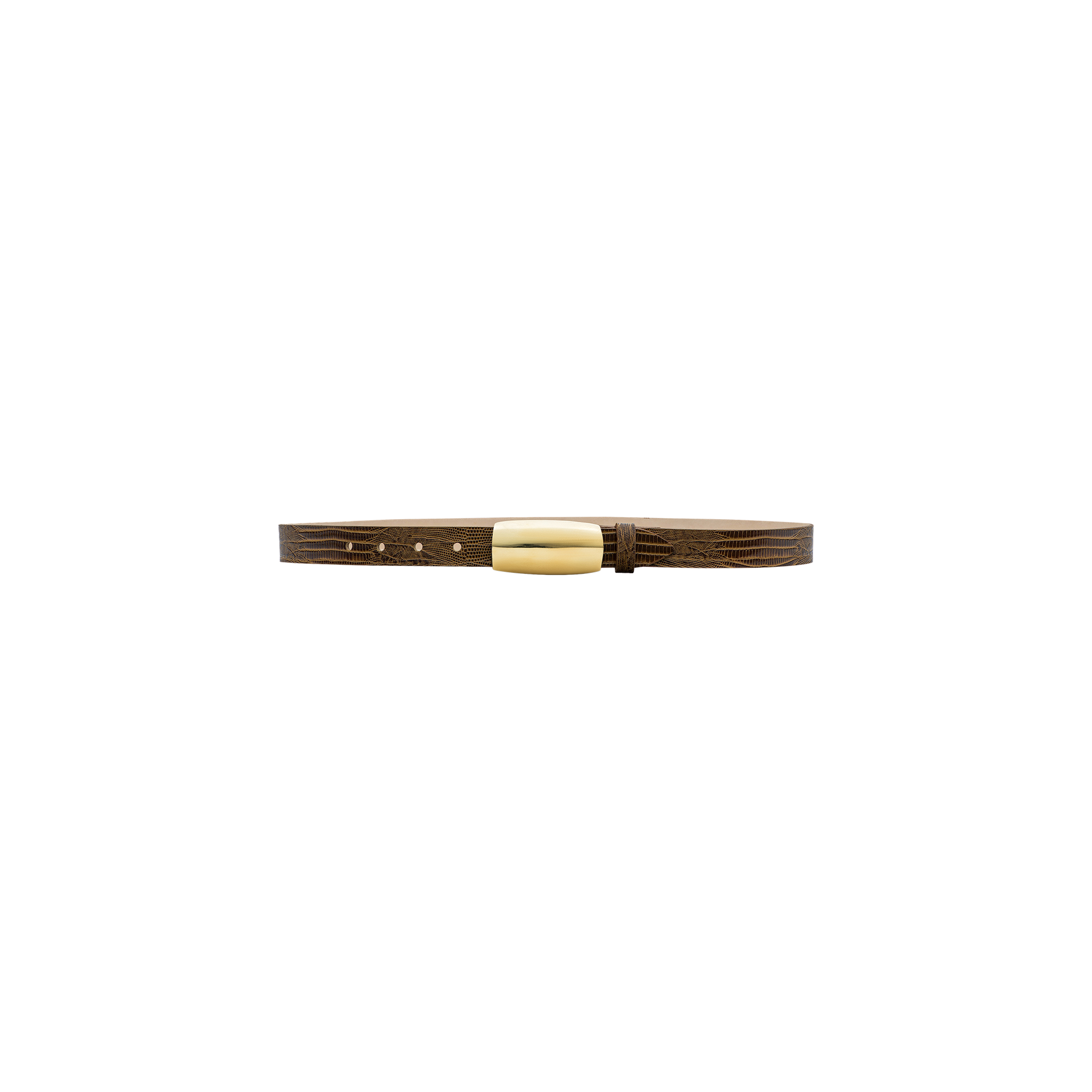 The Marlowe Leather Belt, handcrafted in LA from cognac lizard-embossed leather and featuring a brass rectangular buckle, is displayed on a plain white background.
