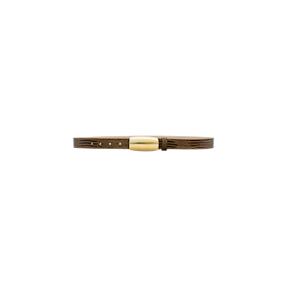 The Marlowe Leather Belt, expertly handcrafted in LA, is a thin cognac leather accessory featuring a shiny gold rectangular buckle and is displayed on a plain white background.