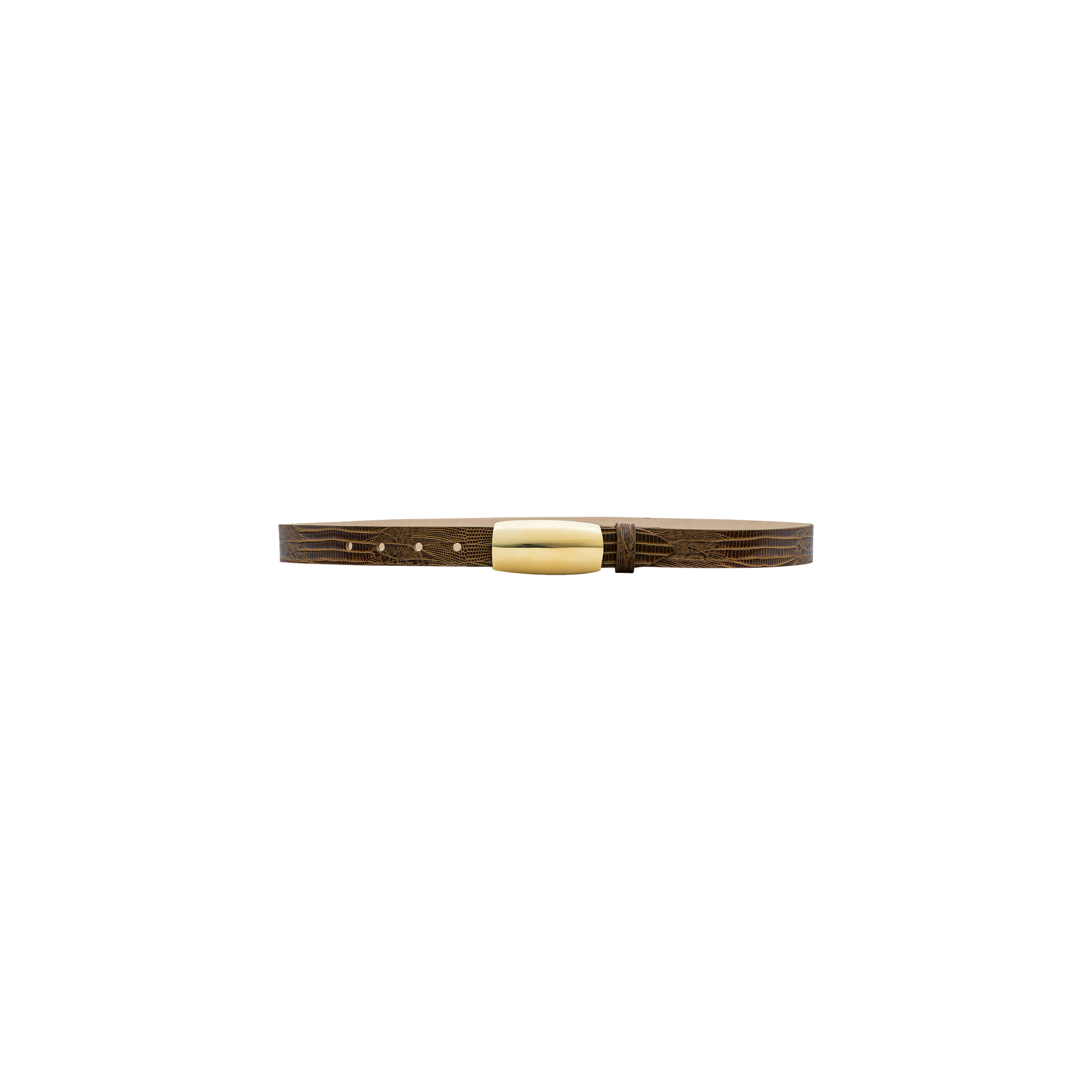 The Marlowe Leather Belt, handcrafted in LA from cognac lizard-embossed leather and featuring a brass rectangular buckle, is displayed on a plain white background.