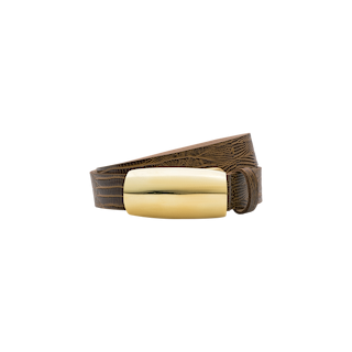 The Marlowe Leather Belt, crafted in cognac leather with a brown textured finish and a shiny gold rectangular buckle, is coiled neatly against a plain white background.