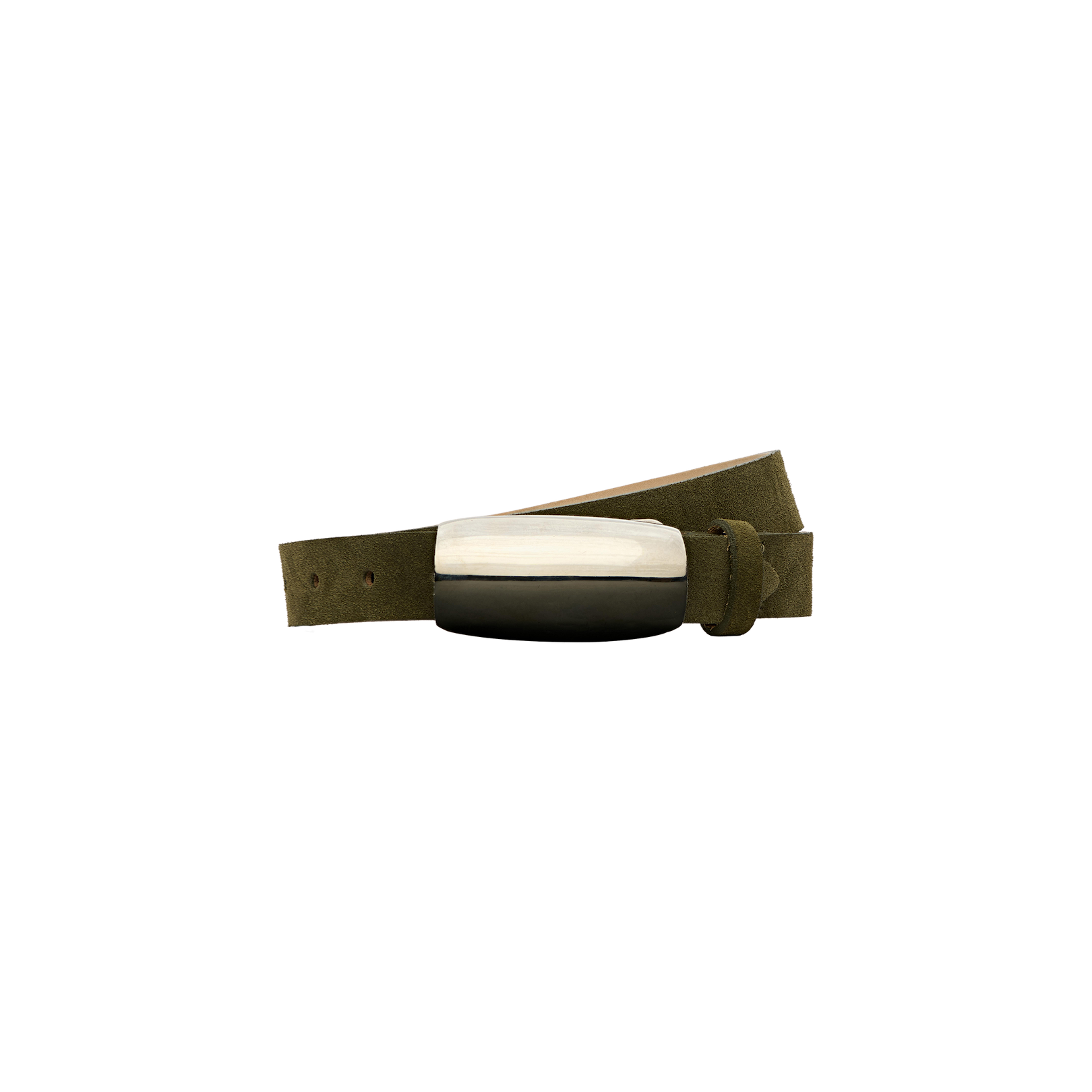 The Marlowe Suede Belt in olive green features a rectangular, silver-plated and black two-tone buckle, and is neatly rolled against a plain white background—ideal for accenting minimalist tailoring.