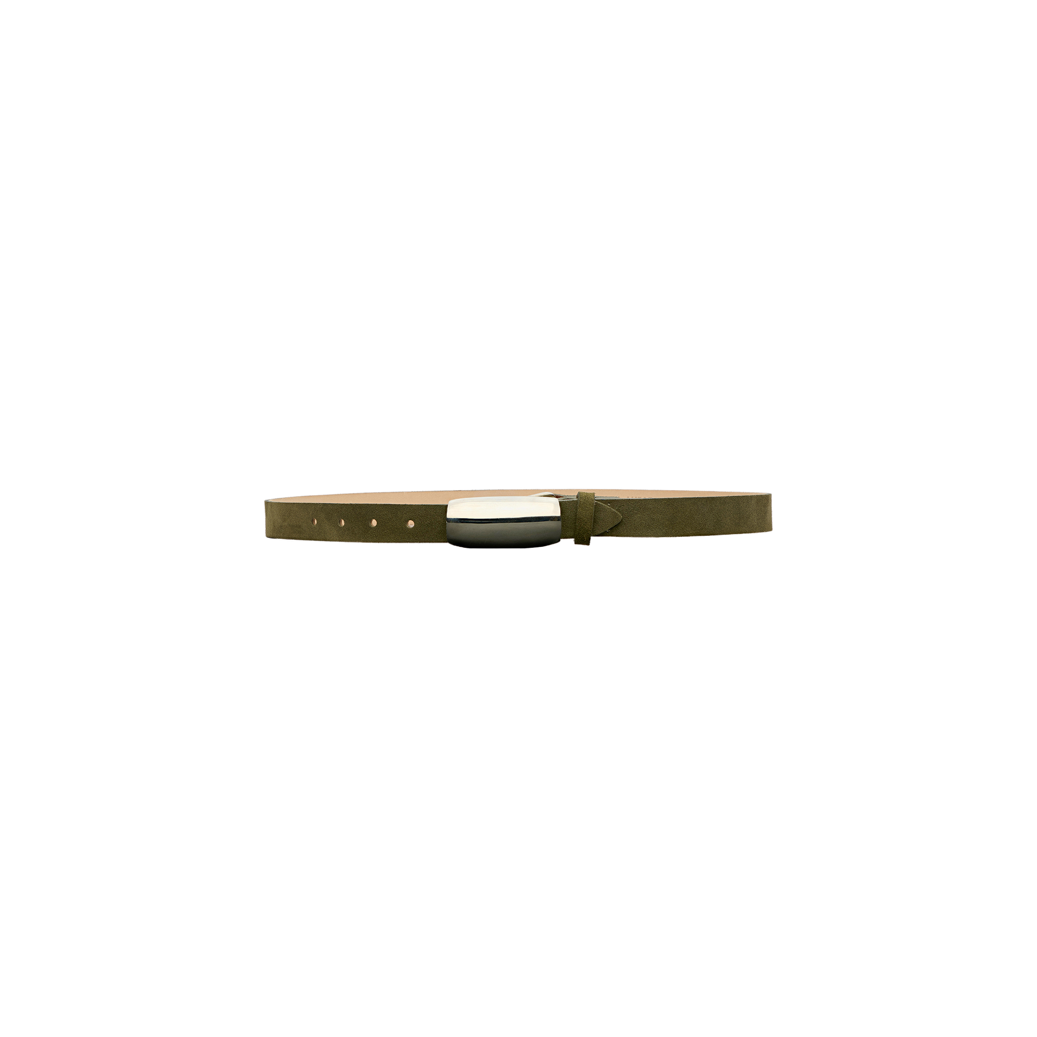 The Marlowe Suede Belt, featuring a sleek silver-plated rectangular buckle and showcased against a clean white background, is perfect for complementing minimalist tailoring.