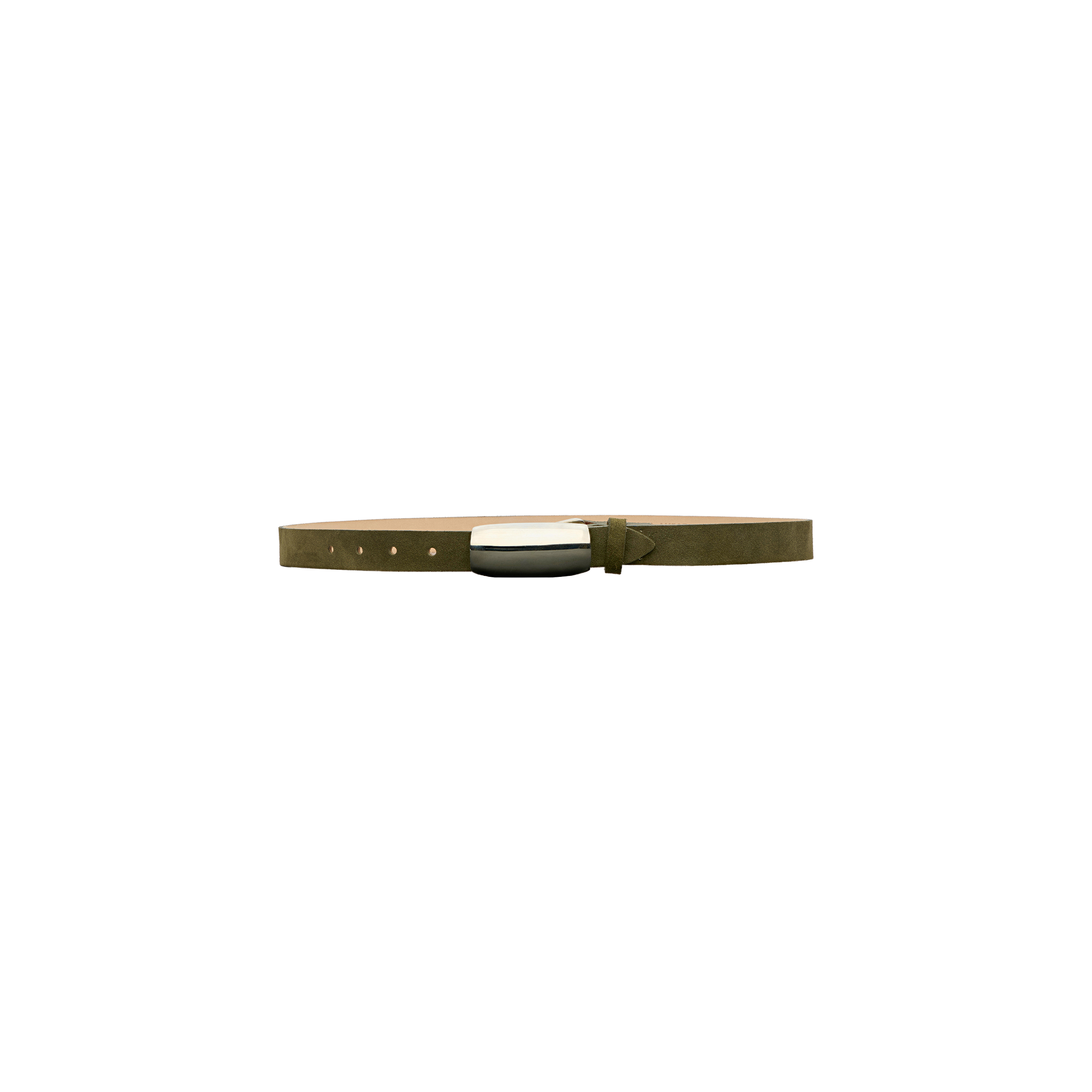 The Marlowe Suede Belt, featuring a sleek silver-plated rectangular buckle and showcased against a clean white background, is perfect for complementing minimalist tailoring.