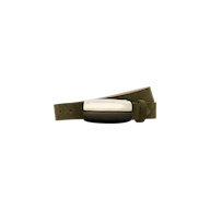 The Marlowe Suede Belt, shown in olive green with a rectangular, two-tone silver-plated buckle against a plain white background, is ideal for accenting minimalist tailoring.