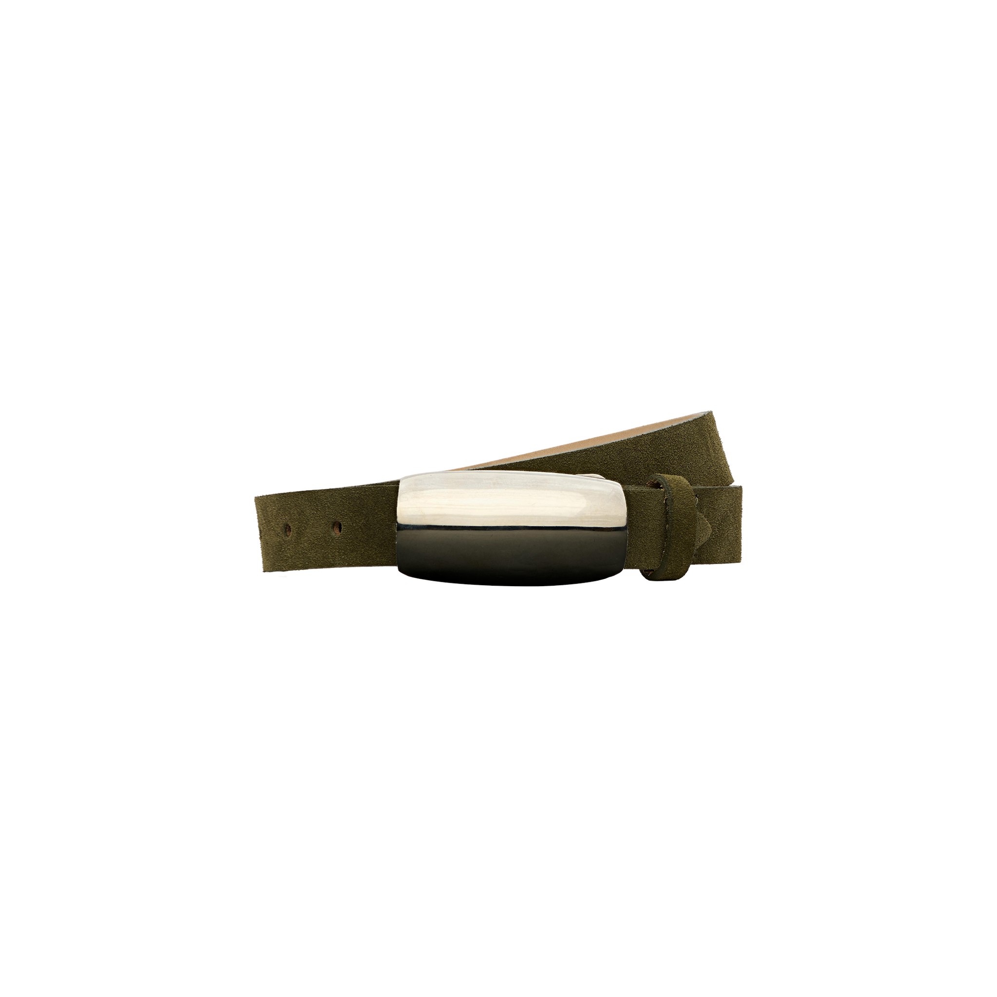 The Marlowe Suede Belt, shown in olive green with a rectangular, two-tone silver-plated buckle against a plain white background, is ideal for accenting minimalist tailoring.