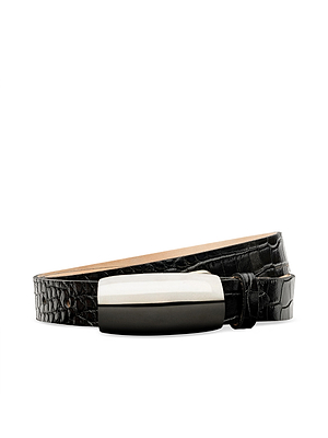 The Marlowe Leather Belt, handcrafted in LA from black croc-embossed leather, features a rectangular metallic buckle and rich texture, shown on a white background.