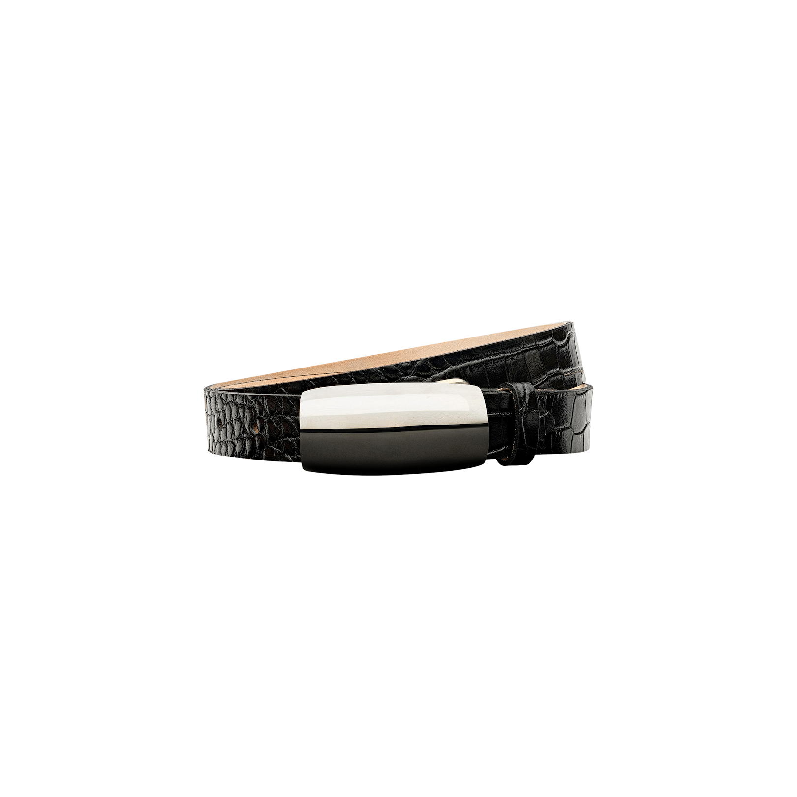 The Marlowe Leather Belt, crafted from black croc-embossed leather and featuring a shiny silver rectangular buckle, is shown coiled in a loose loop against a plain white background.