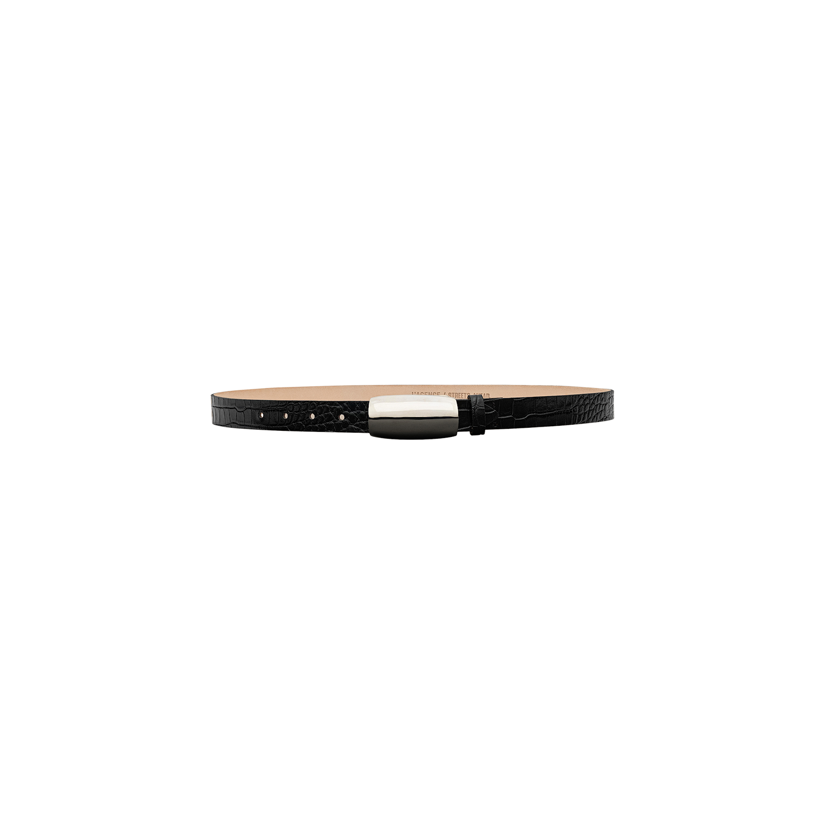 The Marlowe Leather Belt, a thin black croc-embossed leather accessory with a rectangular silver buckle, handcrafted in LA, is displayed against a plain white background.