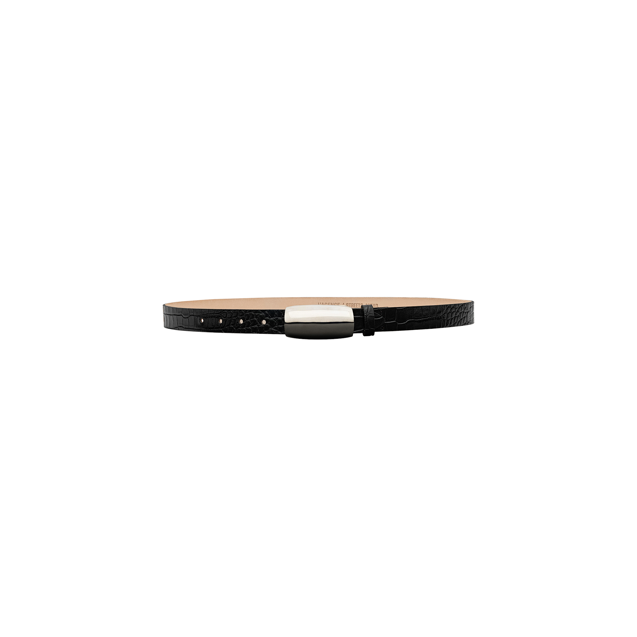 The Marlowe Leather Belt, a thin black croc-embossed leather accessory with a rectangular silver buckle, handcrafted in LA, is displayed against a plain white background.