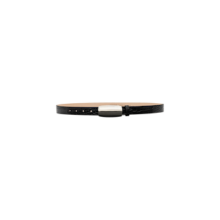 The Marlowe Leather Belt is a thin, black, croc-embossed leather accessory featuring a textured pattern and a rectangular silver buckle. Handcrafted in LA, it is showcased against a plain white background.