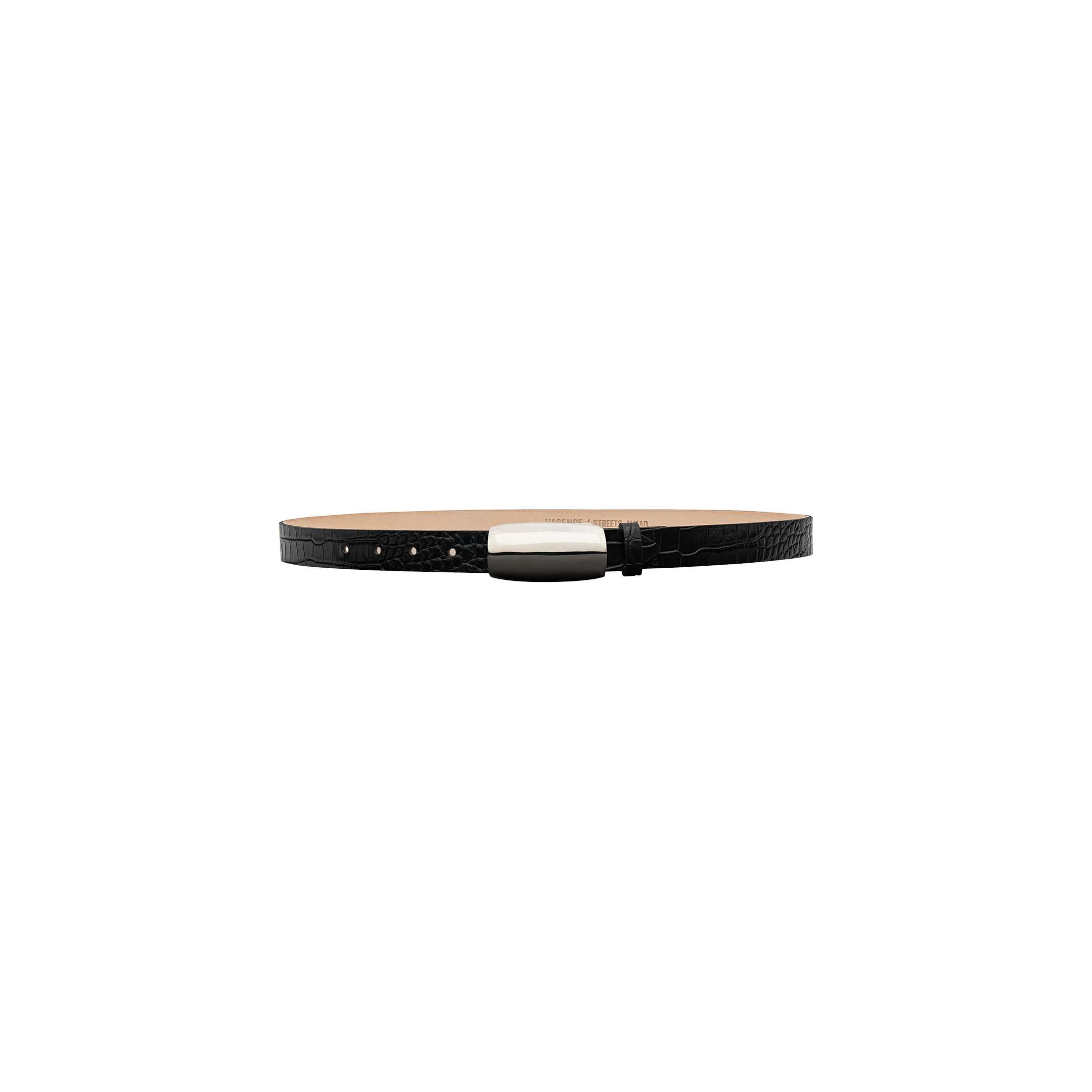 The Marlowe Leather Belt, a thin black croc-embossed leather accessory with a rectangular silver buckle, handcrafted in LA, is displayed against a plain white background.