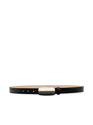 The Marlowe Leather Belt is a black croc-embossed leather belt with a rectangular silver buckle, handcrafted in LA and displayed in a circular shape on a white background.