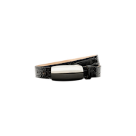 The Marlowe Leather Belt is a black croc-embossed leather accessory, featuring a textured crocodile-like pattern and a rectangular silver buckle. Handcrafted in LA, it is showcased against a plain white background.
