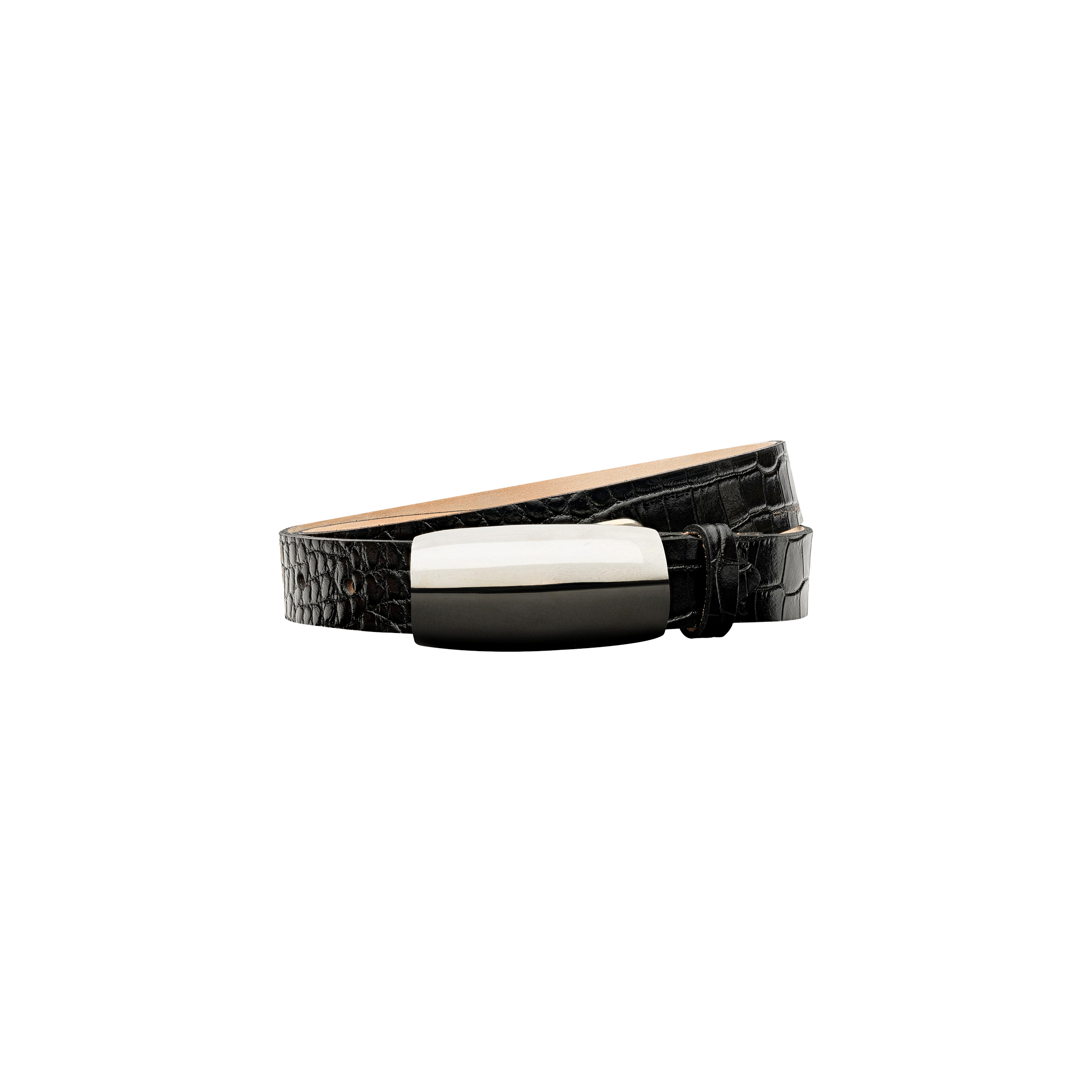 The Marlowe Leather Belt is a black croc-embossed leather accessory, featuring a textured crocodile-like pattern and a rectangular silver buckle. Handcrafted in LA, it is showcased against a plain white background.