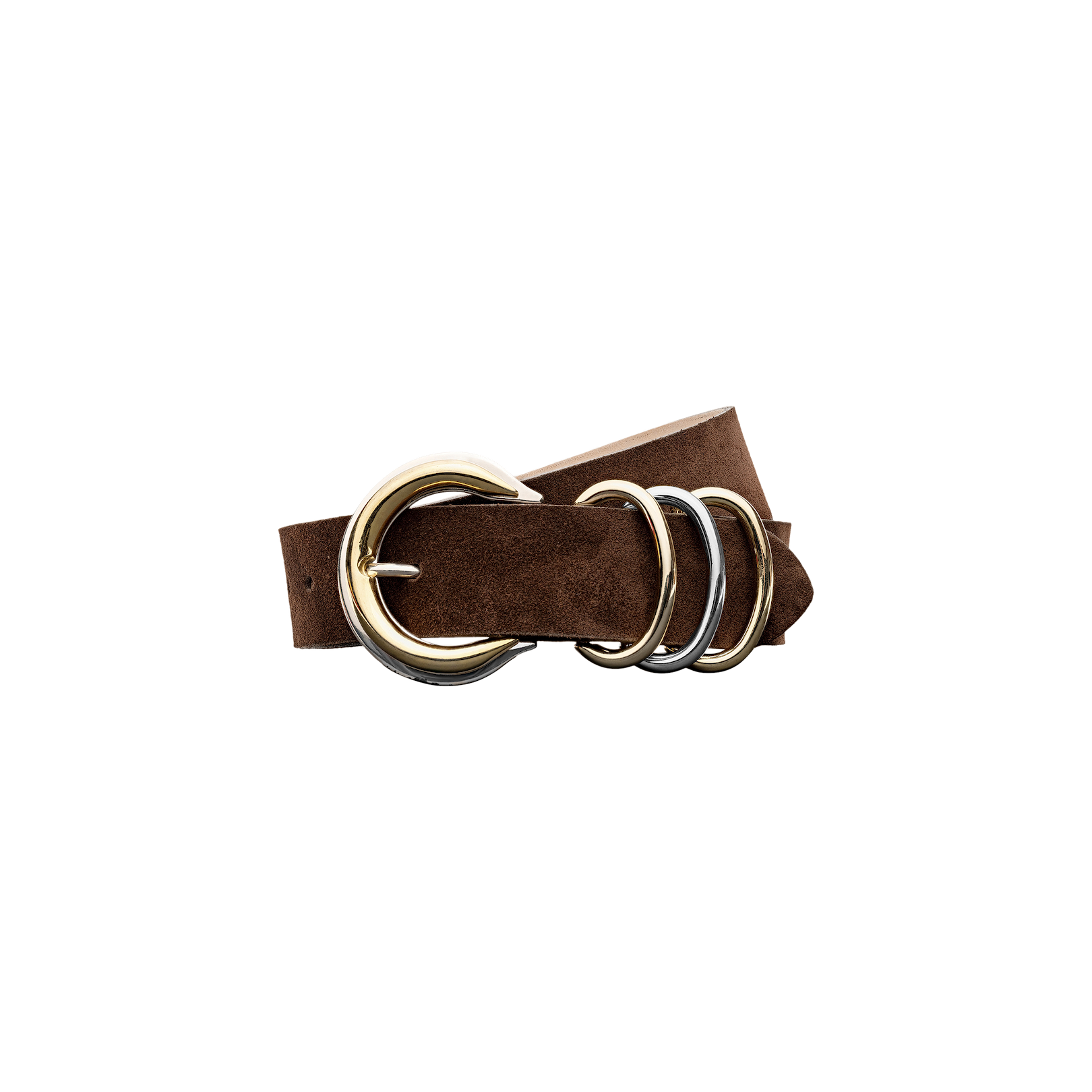 The Tobar Suede Belt is a brown suede belt featuring a mixed-metal buckle and three metal rings, handcrafted in LA and displayed against a plain white background.