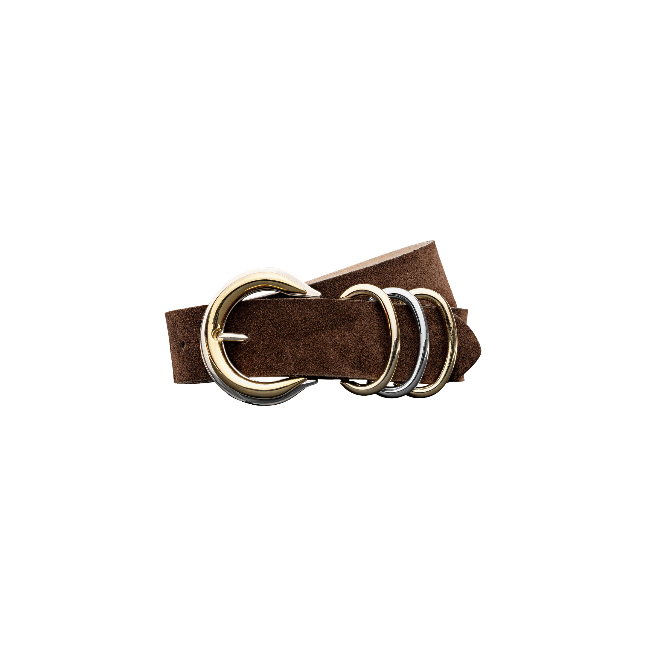 The Tobar Suede Belt is a brown suede belt featuring a mixed-metal buckle and three metal rings, handcrafted in LA and displayed against a plain white background.