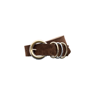 The Tobar Suede Belt, handcrafted in LA from chocolate suede, features multiple silver and gold mixed-metal buckles arranged in a modern, layered design and is displayed against a plain white background.