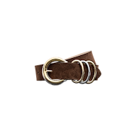 The Tobar Suede Belt—a brown suede accessory with a mixed-metal buckle displaying one gold and three silver round rings—is coiled on a white background.