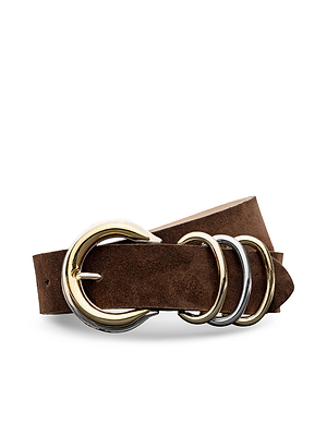 The Tobar Suede Belt is handcrafted in LA from brown suede, featuring a two-tone rounded buckle and three stacked metallic rings—two silver and one gold—as decorative accents.